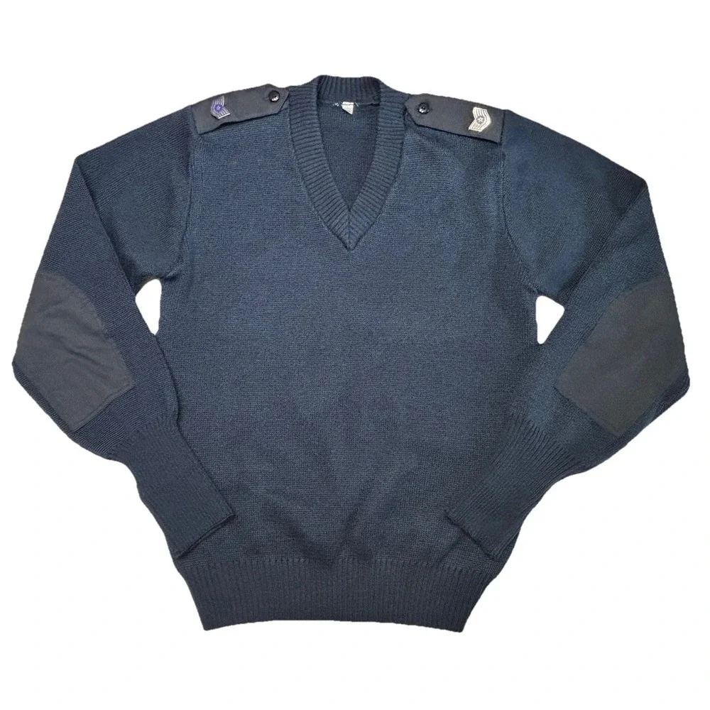 Vintage RAF Royal Air Force Sweater‎ 40R Blue Wool V Neck Epaulets Military